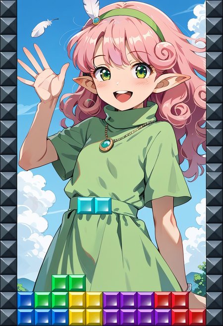 score_9, score_8_up, score_7_up,
source_anime,zPDXL3,
BREAK 
1girl,
p_windy,pink hair, curly hair, long hair, pointy ears, 
green eyes,
green dress, hairband,necklace,feather,high collar, turtleneck,
smile,blush,
open mouth,
BREAK 
soro,
waving,
tetris,convenient censoring,
shiny skin, shiny, oily skin, oily face,shiny face, 
sky,
extremely detailed , detailed background,
cowboy shot,
from side,
looking at viewer