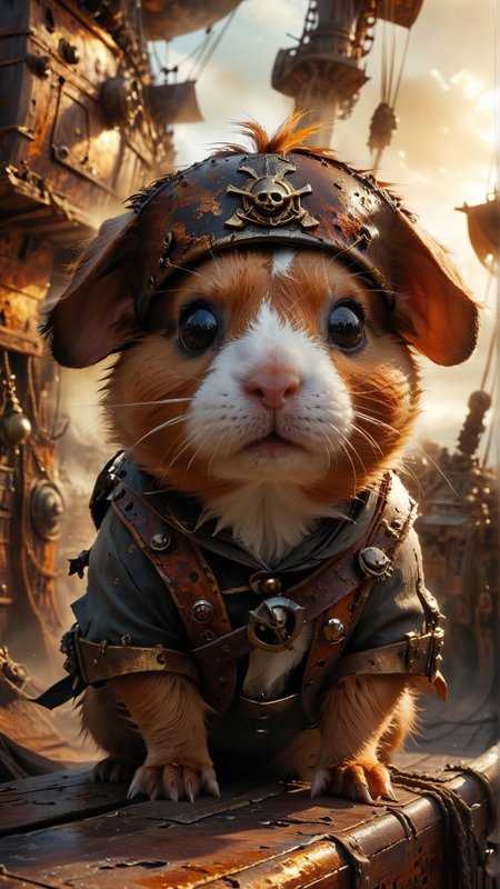 generate a 4K photo quality big ears and big eyes Guinea pig in a pirate captain outfit on a epic horror pirate ship staring at the camera with scenic background 
surreal photography, 
(masterpiece, award winning artwork)
4k, 8k, uhd, best quality, trending on artstation
 <lora:add-detail-xl:1> <lora:MJ52:0.3>
 <lora:dvr-rst:1> dvr-rst