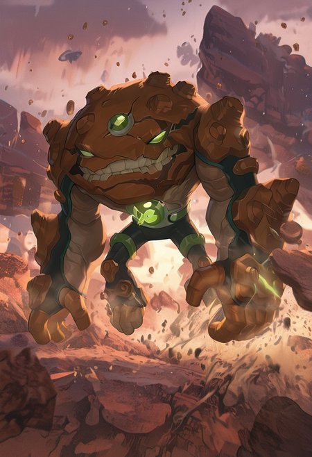 masterpiece, best quality, amazing quality, very aesthetic, absurdres, newest,, detailed background, 
 movie scene, cinematic scene, cinematic, 
gravitack, crooked teeth, 1boy, armor, monster, green eyes, solo, massive arms, big hands,
outdoors, rocks, floating rocks, floating islands, dynamic pose, attacking,