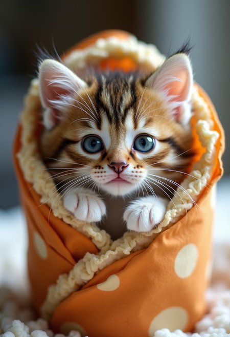 A fluffy kitten in a burrito!
