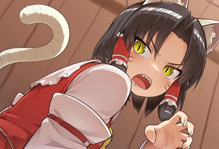 best quality, masterpiece, 
upper body, dutch angle,
1girl, solo, benikurage \(cookie\), (hakurei reimu:0.5), parted bangs, sharp teeth, open mouth, angry, v-shaped eyebrows,
claw pose, slit pupils, tail raised,
looking back, turning head,
puffing up, whisker markings,