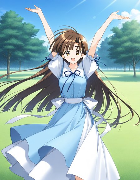 general,highres, ultra-detailed,very aesthetic,best quality ,best hands,  BREAK <lora:Mikage_Subaru_IS:1> Mikage_Subaru, 1girl,solo, brown hair, brown eyes, very long hair, bangs, medium breasts,
dress,  smile,  short sleeves, puffy sleeves, looking at viewer, bow, blue dress,  standing,  ribbon, white blue skirt, open mouth, happy, up arms, white bow,
cowboy_Shot,
blue sky, day, grass,