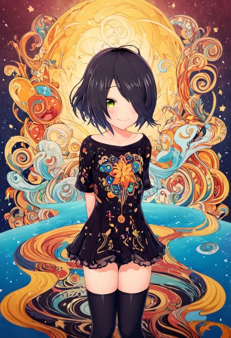 (masterpiece, best quality:1.2), highres, anime coloring, 1girl, solo, light smile, 
bangs, short black hair,collarbone, cute,happy,smile,artistic,surreal design,fullbody