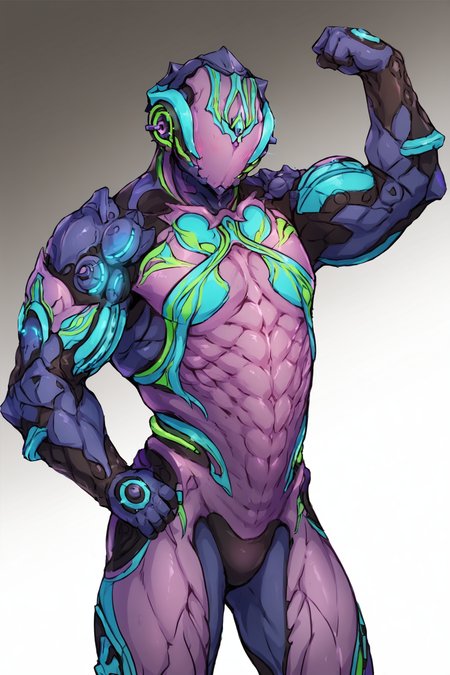 gradient background, score_9, score_8_up, score_7_up, score_6_up, score_5_up, score_4_up BREAK
<lora:HildrynPDXL:0.8> hildryn, warframe, purple body, flat chested, muscular male, flexing