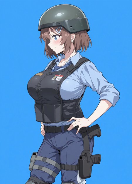 unholy-aesthetic, masterpiece, best quality, amazing quality, absurdres, 

1girl, solo, brown hair, hair ornament, large breasts, short hair, blue eyes, collarbone

bm_sg, helmet, blue shirt, collared shirt, necktie, blue necktie, black vest, bulletproof vest, blue pants, knee pads, holster, boots,

smile, standing, hands on the hips, cowboy shot, standing, blush, simple background, blue background, from side, profile,