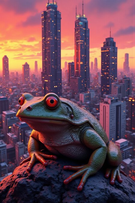 yfg-F@ce, YFG-Zaat, A neon-lit cityscape at dusk, a vibrant orange-pink sky blending into deep purples, contrasts with modern skyscrapers in shades of glass and steel. A large frog sits perched on a rock in the foreground, its skin a mottled green-brown that blends seamlessly with the urban foliage, while its bright red eyes gleam like tiny rubies in the fading light. The frog's slender legs are folded beneath it, as if in quiet contemplation of the cityscape unfolding before it. In the distance, towering skyscrapers stretch towards the sky, their reflective surfaces glinting softly with a warm, golden light that casts no shadows, only subtle gradations of tone and texture.