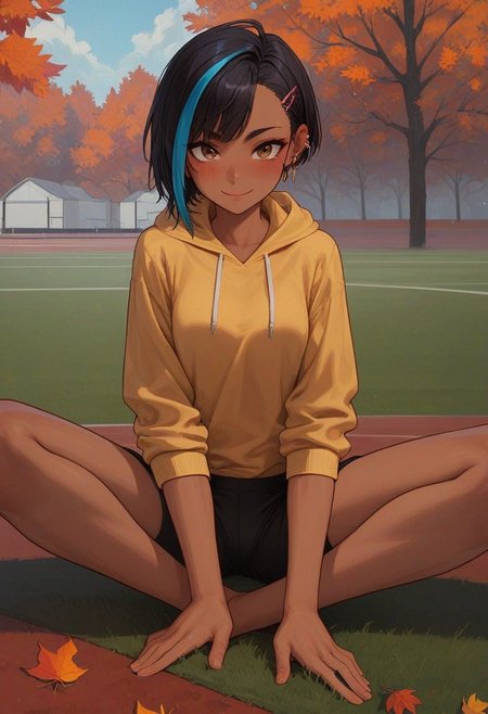 score_9, score_8_up, score_7_up, score_6_up, 
1girl, 25 years old, perfect face, 
dark-skinned female, 
brown eyes, 
streaked hair, black hair, blue hair, asymmetrical bangs, hair ornament, hairclip, earclip, 
yellow hoodie, 
black sport shorts,
autumn, autumn leaves, 
running track, track and field, sitting, stretching,  flexible, wide spread legs, hands on leg, lean forward, 
smile, blush