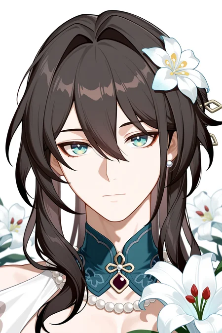 <lora:CCD-IL-000009:0.8>,CCD,ruan mei \(honkai: star rail\), honkai: star rail,1girl, hair between eyes, aqua eyes, blue eyes, green eyes, black hair, long hair, brown hair, hair intakes,looking at viewer, lily \(flower\), white flower,portrait,bara,male focus,very awa,masterpiece,best quality,amazing quality,nsfw,uncersored,highres,best quality,amazing quality,best aesthetic,absurdres,