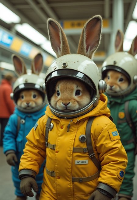 3 tiny space bunnies wearing yellow and blue space suit, with a round helmet with metalic rabbit ears, wondering in a train station, funny, playful, high-speed action shots. intense cinematic , raw, analog blankmj l10nhe43t