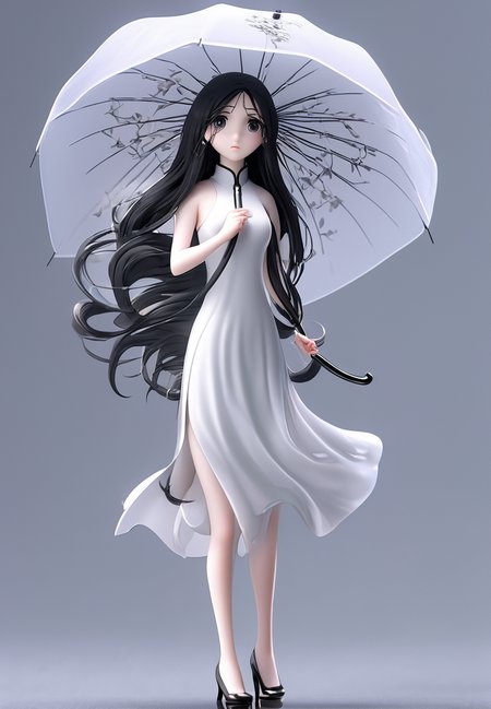 professional 3d model of <lora:baobao_XL_0_-000004:1.5>,baobao,1girl,expression numbness,white cheongsam,scatter long straight black hair,simple background,grey_pupils,high heels,take an umbrella,, octane render, highly detailed, volumetric, dramatic lighting