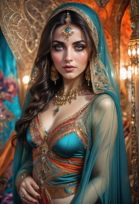 Harem of extraordinarily beautiful, ladies,  belly dancers,  Veiled with sheer silks vintage, , magical, alluring, sultry,  eye catching, bright, OverallDetail, Magical  background fantasy, perfect faces and eyes, hyper-detailed hypermaximalist dynamic style
