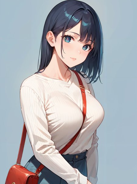 score_9, score_8_up, score_7_up,source_anime, high res image,masterpiece,best quality,(girl:1.0),cute face,clear skin,shiny hair,ultra detailed eyes,simple background, <lora:strap between breasts_pony_V1.0:0.7> strap between breasts, breasts, sweater,shoulder bag
