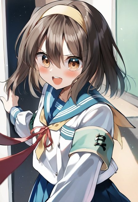 score_9, score_8_up, score_7_up, source_anime, hi res, masterpiece, best quality, highres, rkanime_ps, 1girl, kita high school uniform, sailor collar, school uniform, blue sailor collar, yellow hairband, brown eyes, skirt, hairband, serafuku, winter uniform, smile, neckwear grab, bangs, brown hair, blue skirt, necktie grab, long sleeves, ribbon, open mouth, :d, blush, red ribbon, solo, armband, hair between eyes, looking at viewer, yellow ribbon, v-shaped eyebrows, white shirt