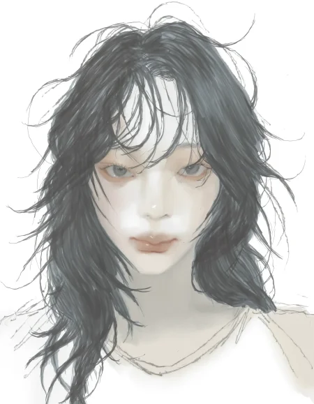 1girl, black hair, messy hair,  long hair,   looking at viewer,  mixed media, sketch, white background, (makeup:0.2), 
masterpiece, graphite \(medium\), traditional media, realistic,   <lora:why:1>