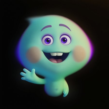 8k, uncensored, masterpiece, best quality, highly detailed, realistic, 1girl, solo, TTSoul, humanoid, floating, legless, purple eyebrows, purple eyes, black pupils, pink blush stickers, light-aqua body, light-aqua lips, buckteeth,  smile, open mouth, (looking at viewer, space, black background, stars, front view, detailed background, waving, 4 finger, dark-pink tongue