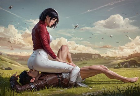 Femdom, girl on top, Mikasa Ackerman pins Eren against the floor in a field of grass with a village in the background , 1girl (mikasa Ackerman, strong, dominant female, on top fit, very dominant, white romper ), 1boy (eren, defeated, bottom, submissive male, loser) score_9, score_8_up, highly detailed, realistic, full body portrait, hetero, fFaceDetail