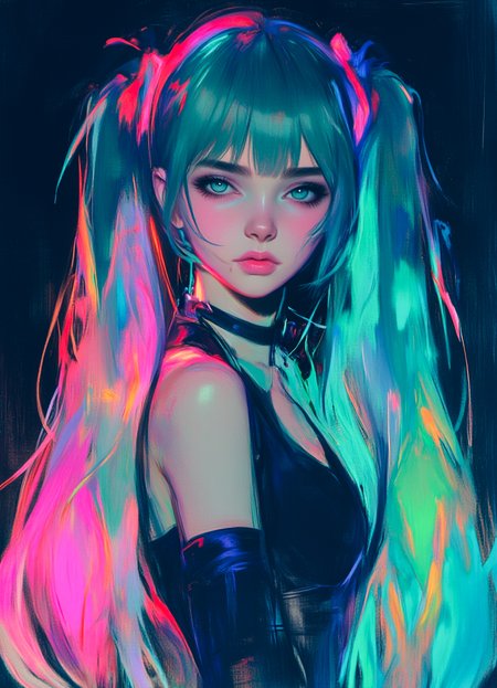 Hatsune Miku,limited palette,black background,colorful,vibrant,glowing outline,neon,blacklight,looking at viewer, masterpiece, very aesthetic, realistic, photo
