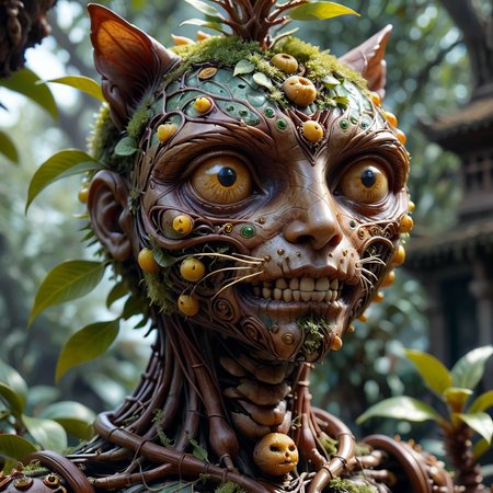 Microscopic tree with golden fruit and flowers bonsai, miniature druidic tree spirit (face of a cat:1.4)
