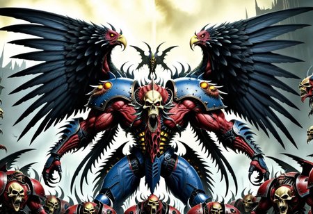 a terrifying monstrosity with many wings and multiple heads,scene from warhammer 40k