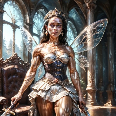 Action scene, detailed, photo realistic, hyper realistic, score_9, rating_safe, solo ((arch fey, violet eyes, (beautiful woman, white underbust corset, skirt, pants, sword belt, and holding a sword), (huge muscles, small petite breasts, muscular thighs, muscular biceps, muscular shoulders, toned abs), ((bronze metallic gold skin ral-polishedsteel)), (fairy wings), (long black hair))), (standing next to a multicolored crystal throne, in a detailed throne room filled with treasures, detailed lighting), hi res, hi quality, 4k, concept art, digital art, realistic, detailed background, lens flare, pixel art, piratical beauty, great lighting