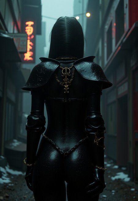 Gothic-inspired art featuring a figure in detailed, medieval-style armor with gold accents, standing in a dark, moody cyberpunk cityscape. The high contrast and dramatic lighting create a richly textured, atmospheric scene, with sharp shadows and intricate details. The composition is captured with no depth of field, ensuring every element is sharply defined.