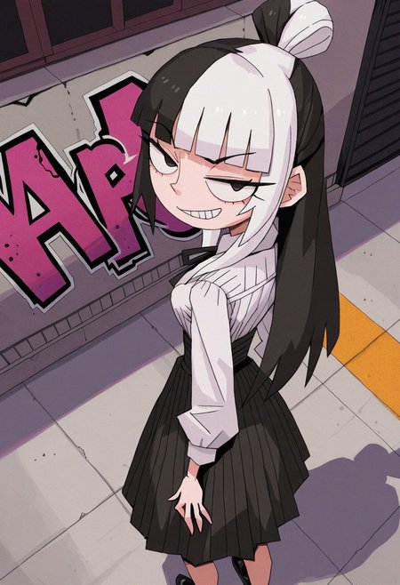 masterpiece, best quality, very aesthetic, 0huton_illu,
solo, from above, looking back, [standing], hands on own knees, smirk, grin,
virgin_killer_outfit, streetwear,
split-color hair, black hair, white hair, topknot, long hair,
asphalt, graffiti