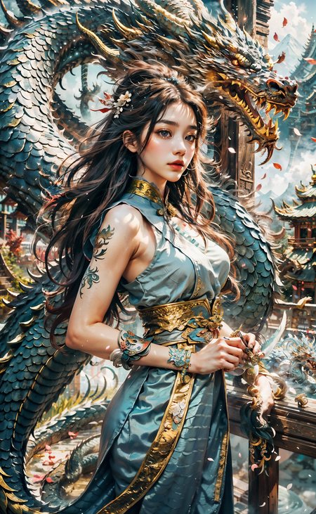 <lora:E_Dragon_Real_Flame:1> , Dragon_Real, Flame Long dragon, Chinese dragon, paws, serpentine body, sharp eyes, ((best quality)), ((masterpiece)), ((realistic)), ((18-year-old girl in Chinese clothes, flowing hair adorned with a beautiful hair ornament, standing amidst flying flower petals with a majestic dragon wrapped around her)), Haircut model by Choppy layers, possed is Standing in the doorway pose, sharp grey-blue,  shooting angle is Bird's-eye view,
Be mesmerized by the enchanting sight of an 18-year-old girl donned in elegant Chinese attire, her flowing hair gracefully embellished with a captivating hair ornament. As flower petals sway in the wind around her, a majestic dragon wraps its serpentine body around her, creating a scene of mythical allure. Immersed in the deepest jungle river of a rainforest village, the lush greenery and vibrant flora surround them. Runes adorn the landscape, imbuing an air of ancient mysticism. The duo stands atop a mist-covered mountain, where snow-capped peaks reach for the sky. Soft light illuminates the girl's face, casting gentle shadows and capturing her ethereal beauty. Bokeh and distant neon lights add a touch of magic from afar, creating a dreamlike ambiance. The blurry background further enhances the cinematic quality, drawing attention to the splendid and hyper-detailed composition. Prepare to be captivated by the seamless blend of natural elements and fantasy in this artistic masterpiece.