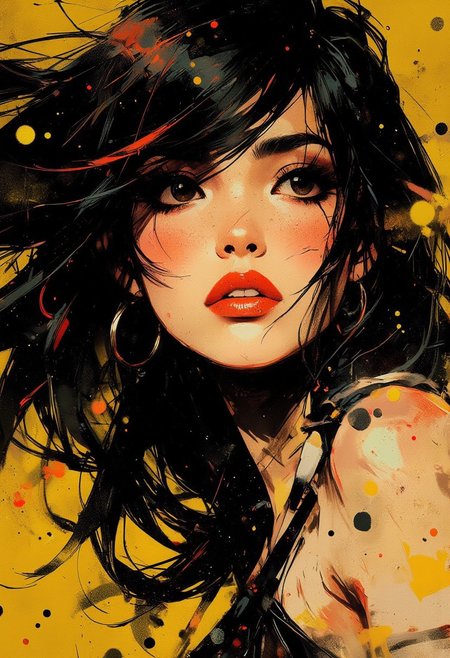 in the style of ck-mgs, nistyle, Special Ink-drawing mode, intricate linework with expressive contrasts, Mh1$AgThS2, Inkplash art on rice paper, sepia, uin golds and reds , Silhouette Art, magnificent, inksplash closeup portrait of sultry asian woman, flowing black hair, evening gown, dark eyeshadow, red lips, abstract background