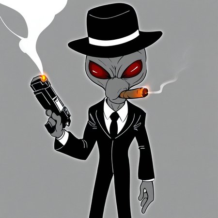 Crypto, grey alien, grey skin, red eyes, holding gun, smoking cigar, formal suit, 1950s clothing, solo, male, fedora, monochrome image,