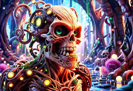 Funny old man with glass cthulhu,cybernetic style Ultimate fusion of technology and allure, Cosmic Cyber Warrior. Embodying the creative genius of Jovana Rikalo, Brandon Woelfel, and Ross Tran, spectacular cosmic landscapes fraught with otherworldly conflict. Shimmering cables course beneath her translucent epidermis, connecting to powerful vertebrae that support a resplendent skull adorned with cascading neon undercut locks. Mysterious constellations twinkle ominously overhead, casting eerie shadows on the ground below. This masterpiece encapsulates the quintessential essence of science fiction, presenting a highly detailed exploration of extraterrestrial themes guaranteed to captivate audiences worldwide. . futuristic, technological, cybernetic enhancements, robotics, artificial intelligence themes,  8k picsmade of ral-mythfrst <lora:ral-mytfrst:1>