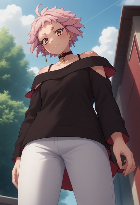 score_9,score_8_up,score_7_up,source_anime BREAK 1girl,solo,MakaLiv, pink hair, short hair,off shoulder,black long sleeves,collarbone,choker,white pants,earring,from below <lora:MayonakaPunch_live_ponyXL:1>