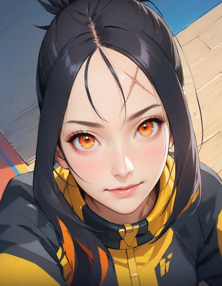 (masterpiece, best quality, high quality:1.3), (anime, realistic:1.2), (:anime: realistic:0.6), facing sideways, (contrasting colors, bright colors:1.1), 1girl, (Dendra_PKMN_SDXL, pony, adult, mature:1.2) , (long hair, black hair, orange eyes, scar on forehead, black jacket:1.2), pensive look, (laying on synthetic sportsfloor), , <lora:Dendra_PKMN_AnimagineXL_v10-000010:0.8>, <lora:aesthetic_anime_v1s:0.85>, <lora:add-detail-xl:1.3>