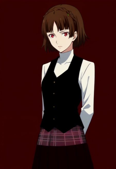 (source_anime), 1 girl, solo, nsfw, aged up, defMako, p5makoto, niijima makoto, short hair, bangs, brown hair, long sleeves, uniform, pantyhose, pleated skirt, turtleneck, plaid skirt,crown braid,uniform, black vest,