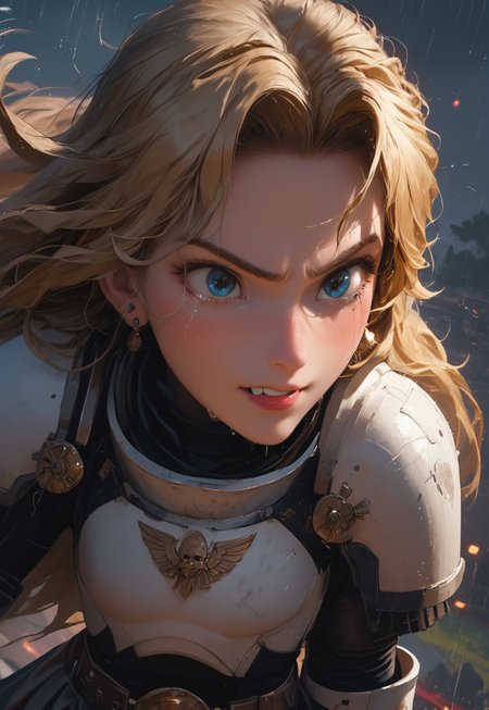 1girl, solo, 24 year old woman, large build, running:1.4, beautiful, long hair, blonde hair, freckles:1.4, face uplifted:1.6, looking up, looking at the sky, earrings, (fierce) grin:1.5, crying:1.5, teeth clenched:1.4, angry smile:1.5, wide hips, knight armor:1.5, heavy armor, gauntlets, greaves, bright blue eyes, rain falling on her face:1.5, tan skin, tears on chin, tears on cheeks, action pose:1.3, perfect teeth,

dusk, after battle, muddy field, some grass, fallen soldiers around her:1.4, storming, dark gray sky, dark sky:1.4, streaming banners, battlefield, intense rain:1.3, dreary, raining, overcast, mountains and hills in the background,

score_9, score_8_up, score_8, masterpiece, best quality, official art, extremely detailed, CG unity 8k wallpaper, absurdres, high definition, photorealism:1.5, detailed shading, high contrast, ambient occlusion, vivid colors:1.5, saturated colors:1.6, 

dynamic angle:1.3, cowboy shot, cinematic, from above:1.3, dynamic lighting:1.4,

expressiveh, whites40k, tears, 