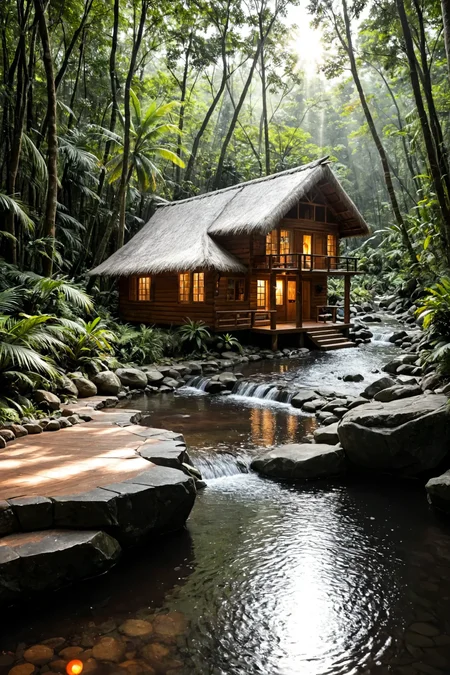 photo, photography, Fujifilm XT3 Viltrox, ((very detailed)), sharp focus, sharp background,  best quality, beautiful landscape, rainforest, jungle, sacred earth, stream, water ripples reflections, (small river pond), rainforest, hut, tribal amazon village, stunning nature environment, (bright sunny sky), high contrast, cinematic (lights), backlight, shadows, lens flare, vibrant colors, colorful, green flowers and leaves,  <lora:add-detail-xl:1>  <lora:Better Blur Control:1>