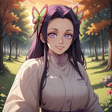 score_9, score_8, BREAK, solo, Kanae Kocho, long dark hair, violet eyes, busty, beautiful, haori, sexy pose, self portrait, smile, outdoors, sunlight, shadows, evening lighting, natural lighting, forest, trees, grass, orange sky, sunset