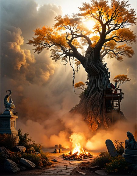 fantasy landscape:1.2
Dark Forest, Thick mist swirling around twisted tree trunks, an abandoned campfire with charred logs, a weathered stone statue covered in lichen, a wooden crate half-buried in leaves, a rope ladder dangling from a high branch,
,
Sandstorm blurring desert horizons,
Altostratus opacus veiling sunlight,
Golden hour sidelight emphasizing texture,
Fall foliage color explosions,
,
,
Staircases to inverted dimensions,
,
Shotaro Ishinomori 
(masterpiece:1.4), (intricate details:1.4), (hyperrealistic:1.3),(painting:0.9),(ultra detailed:1.4), (8k resolution:1.3), (sharp focus), (dramatic perspective:1.1), (chromatic aberration:0.3), (film grain:0.2),
<lora:JuggerCineXL2:0.3>,
<lora:add-detail-xl:0.3>,
<lora:WildcardX-XL-Detail-Enhancer:0.4>,
<lora:xl_more_art-full_v1:0.7>,
<lora:ClassipeintXL2.1:0.3>,
<lora:Flux-XL_Scenery:0.3> flux-scenery ,
<lora:EnvyDramaticLightingXL01:0.7>
detailxl,