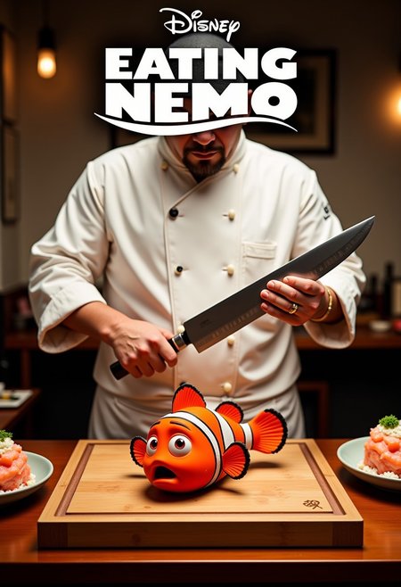 A parody movie poster titled "Disney Eating Nemo," with the same iconic font as the original "Finding Nemo." In the center of the poster, Nemo is laying on a wooden cutting board, looking terrified. A Japanese chef stands next to the board, holding a large, sharp knife, poised to cut. The chef wears traditional attire, including a white chef’s coat and headband. The background features a minimalistic sushi restaurant setting, with bright lighting contrasting the dark humor of the scene, aidmaimageupgrader, aidmatextimprover