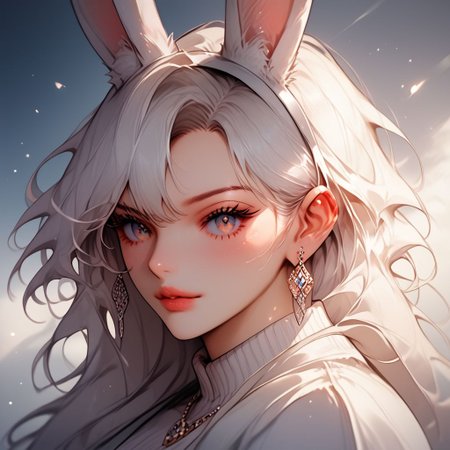 (score_9), (score_8_up), (score_7_up), (score_6_up), (score_5_up), (score_4_up), (masterpiece), best quality, detailed eyes, female, shoulder-length hair, white hair, rabbit ears, rabbit tail, large breasts, cowgirl