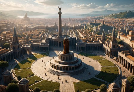 photo, photorealistic, A grand  pagan monument of a goddess in the central square, with one hand raised high in the sky, on a clear weather day, surrounded by numerous people, high quality, 