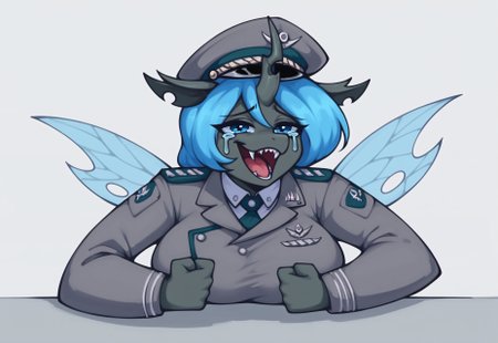 safe_pos, masterpiece, score_9_up, score_8_up, score_7_up, score_6_up, (best quality:1.1), ultra-detailed, high resolution, solo, Carolina Phymata, changeling oc, female, mlp, anthro, gray skin, short blue mane, blue eyes, eyebrows, blue insect wings, single horn, ears, sharp teeth, big breasts, narrow waist, military uniform, military patches, peaked cap, busty BREAK <lora:Wheeze_XLPD:0.8> Wheeze, open mouth, tears, laughing, hand on table, english text, clenched hand BREAK expressiveh, simple background, highly visible, sharp focus, anatomically correct, highly visible, sharp focus