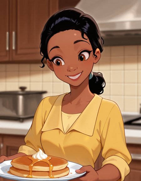 masterpiece, best quality, amazing quality,  very aesthetic, absurdres,  newest, detailed background, 4k, 8k, indoors, kitchen, 
tianaxd, 1girl, dark skin, dark-skinned female, black hair, solo, food, smile, plate, brown eyes, holding, holding plate, cake, yellow shirt, blurry background, pancake
<lora:Tiana_-_Disney_Illustrious:1>