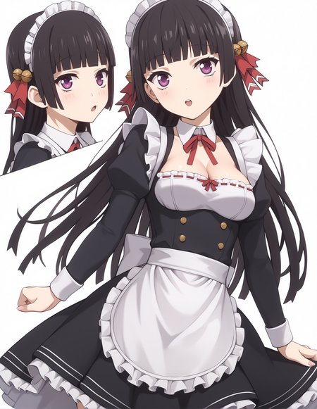 score_9, score_8_up, score_7_up, highres, hi res, best quality, masterpiece, 2d, intricate details, 4k,
1girl, solo, female, :<, open mouth, chestnut mouth, triangle mouth long hair, black hair, hair ornament, ribbon, purple eyes, hair ribbon, blunt bangs, bell, jingle bell, hair bell, hime cut, 
breasts, medium breasts, 
maid headdress, maid, maid apron, long sleeves, frilled skirt, frills, frilled dress, frilled sleeves, maid dress, cleavage, juliet sleeves, 
foreshortening, looking at viewer, cowboy shot, white background, <lora:Akiko1024_Pony:1>, himenokouji akiko, onii-chan dakedo ai sae areba kankeinai yo ne,