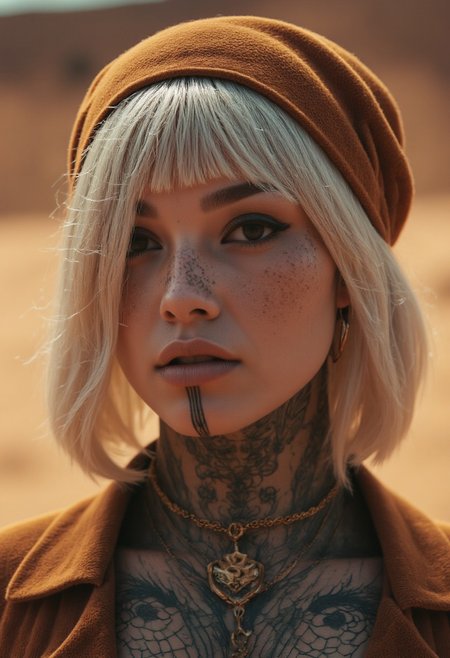 Roger-style, a closeup portrait of a tattooed white-haired snake woman with translucent, glossy snake scales on her skin, intricately detailed and visible on her face. she exudes an air of mystique with her emo/goth style. Her large eye makeup and dramatic eyeshadow emphasize her piercing gaze. Her white hair flows beneath a corduroy headband that shades her eyes. She wears a high-collar, outworn jacket, and her neck and face feature intricate tattoos, including a vibrant Nordic-inspired chin tattoo. The dusty desert backdrop glows with warm, volumetric backlight, highlighting the luminous texture of her scales and adding depth to the scene.