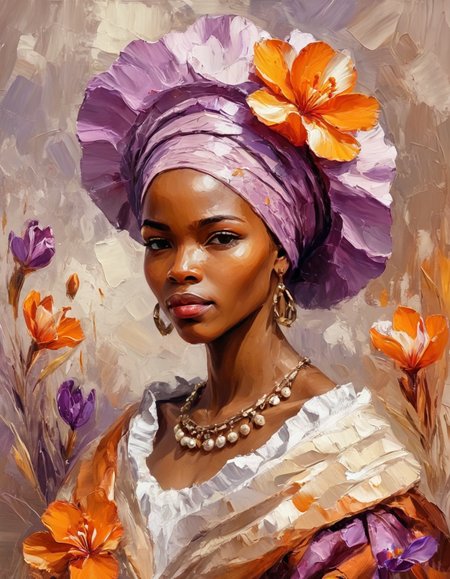 novuschroma25 style normal african woman wearing 17th century fashion  wearing crocuses flowers  as an impasto painting <lora:novuschroma25 style_light:1>