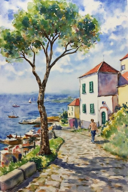 watercolor. 
a coastal scene is depicted in a close-up perspective. The scene is painted in shades of blue, green, and white, with a tree in the foreground. The tree casts a shadow on the right side of the frame, adding a touch of depth to the scene. To the right of the tree, a cobblestone path leads to a white building with green shutters. In front of the building, a person is walking on the path. In the left corner of the image, a body of water with a few boats floating on it. The sky is a light blue, with wispy white clouds streaming across it.
       <lora:watercolor1_nbm_cap_d6a3e12:1.0><lora:838836486473450057:0>