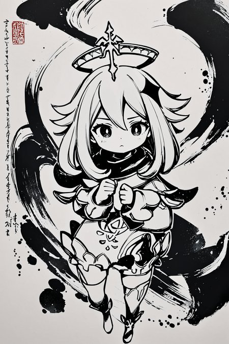 paimon \(genshin impact\),1girl,monochrome,greyscale,halo,solo,hair ornament,closed mouth,long sleeves,short hair,
<lora:okazu_XL:0.9>,