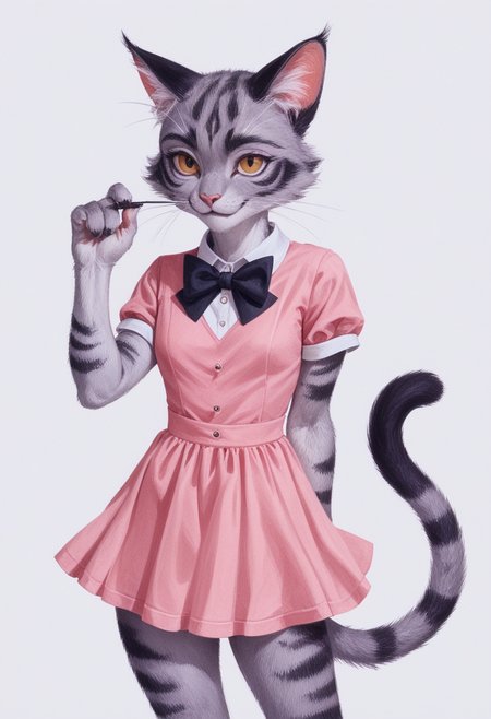 score_9, score_8_up, score_7_up, score_6_up, score_5_up, score_4_up, source_furry, sharp focus, high contrast, artistic
(pencil drawing, ballpoint pen drawing \(style\):1.4)
BREAK
1girl, solo, looking at viewer, confident smile, short sleeves, small dress, closed mouth, standing, tail, hand up, bowtie, pink dress, furry, cat girl, furry female
<lora:Blue_2:1>