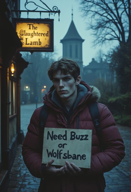 A foggy evening blankets the cobblestone street outside an old English pub, its weathered sign reading "The Slaughtered Lamb" creaking in the chill wind. The pub’s dim yellow light spills onto the red-jacketed figure of a young man, his backpack slung over one shoulder, blending urban modernity with uneasy isolation. He stands beneath the pub’s sign, holding a hand-scrawled cardboard placard that reads “Need Buzz or Wolfsbane” in bold, uneven letters. His face, pale and wary, betrays a hint of desperation as the faint howls of distant wolves seem to echo through the night. The surrounding countryside looms dark and shadowy, the pub’s light a fragile sanctuary against the encroaching wildness. a werewolf stands in the distance