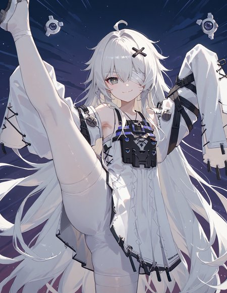 score_9, score_8_up,score_7_up,
1girl,XXI, grey eyes, white hair, long hair, 21. clothes, bandaged head,smug,
looking at viewer, standing split,
<lora:No.21__PGR-Punishing_Gray_Raven__All_Classes_Coming_Soon:1>